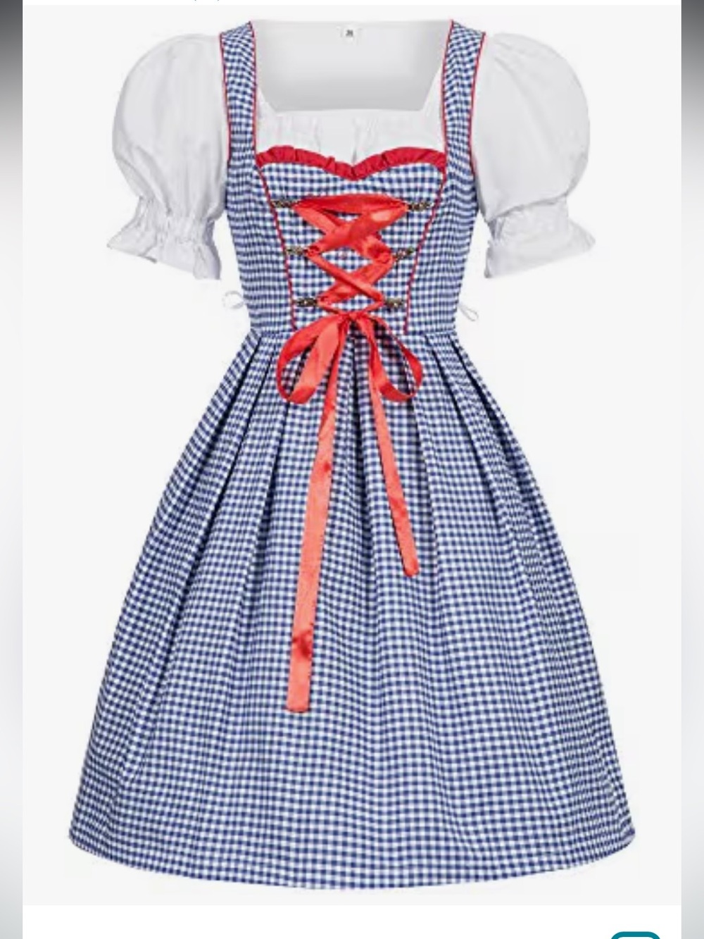 Classic Bavarian Dirndl Dress with Red Lace-Up Accent - Blue Gingham
